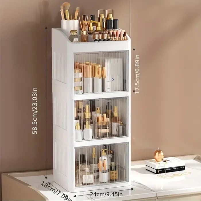 Organisateur de maquillage pliable à 3 à 4 niveaux avec fonction tiroir – Fournit un rangement spacieux pour cosmétiques