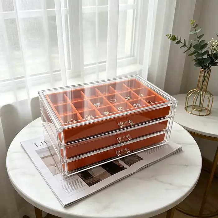 Boîte à bijoux orange à trois couches 18+6+ compartiments en éponge