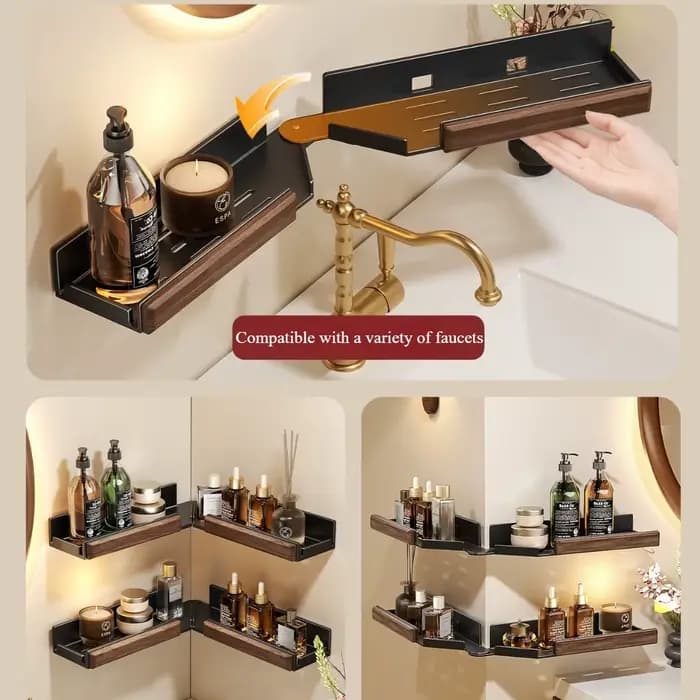 Étagère de salle de bain pliable en noyer – Sans perçage – Support mural de rangement pour meuble-lavabo