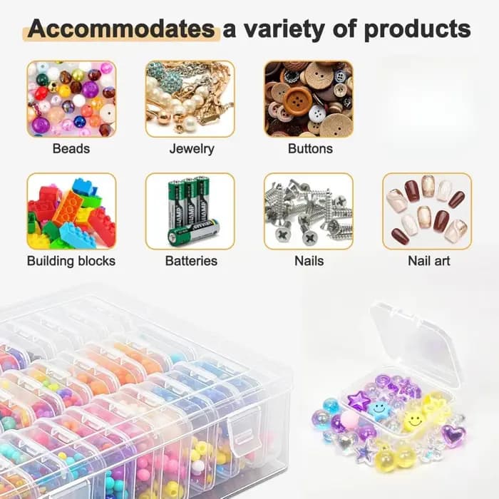 Boîte de rangement en plastique transparente multi-compartiments pour perles — Couvercle à charnière avec design
