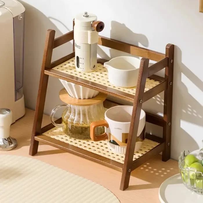 Organisateur de comptoir à 2 niveaux en bambou - Étagère multifonctionnelle pour porte-tasses à café pour la cuisine