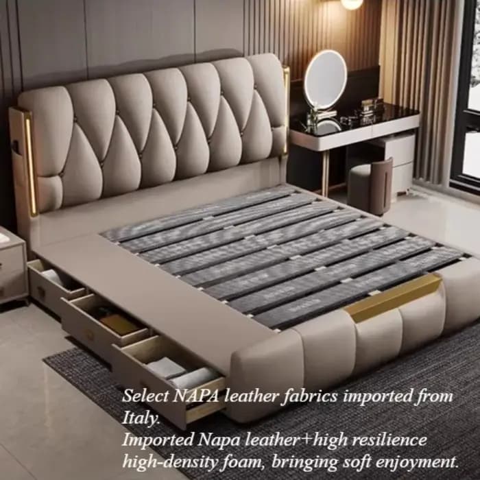 Lit Queen Size avec rangement, design minimaliste unique, tables de chevet jumelles, tête de lit de