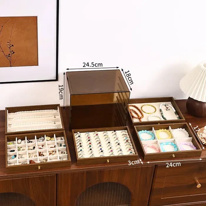 Boîte de rangement de bijoux en grain de noyer avec cinq tiroirs pour collier