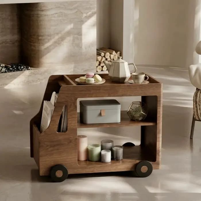 Table basse vintage avec rangement sur roulettes
