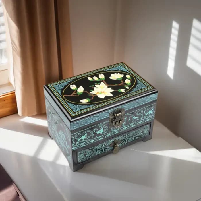 Boîte à bijoux vintage en bois avec miroir – Design rustique pour bracelets et montres