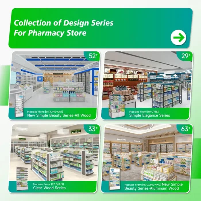 Étagères de pharmacie en bois écologiques 02-DYJYS003-P1, design intérieur de pharmacie pour la présentation de médicaments.