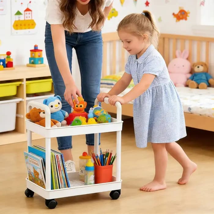 Chariot de rangement à 2 niveaux avec étagères mobiles et roulettes