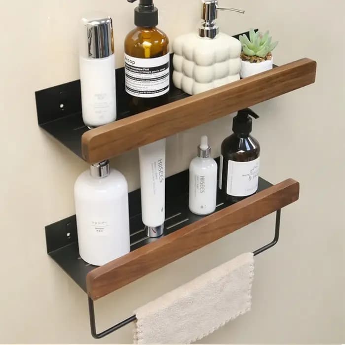 Étagère d'angle noire en aluminium et bois pour salle de bain