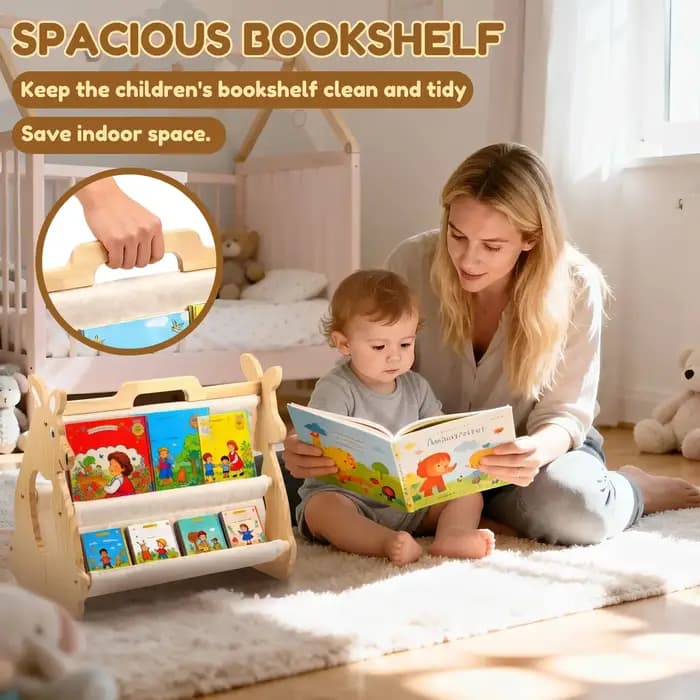 Étagère à livres pour enfants en bois Montessori avec poignée de transport