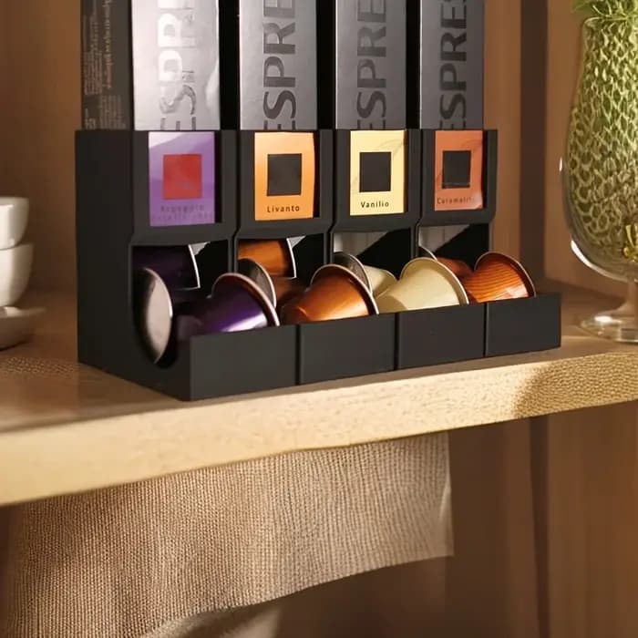 Support de rangement pour capsules de café Nespresso avec compartiments superposés et emplacements pour étiquettes