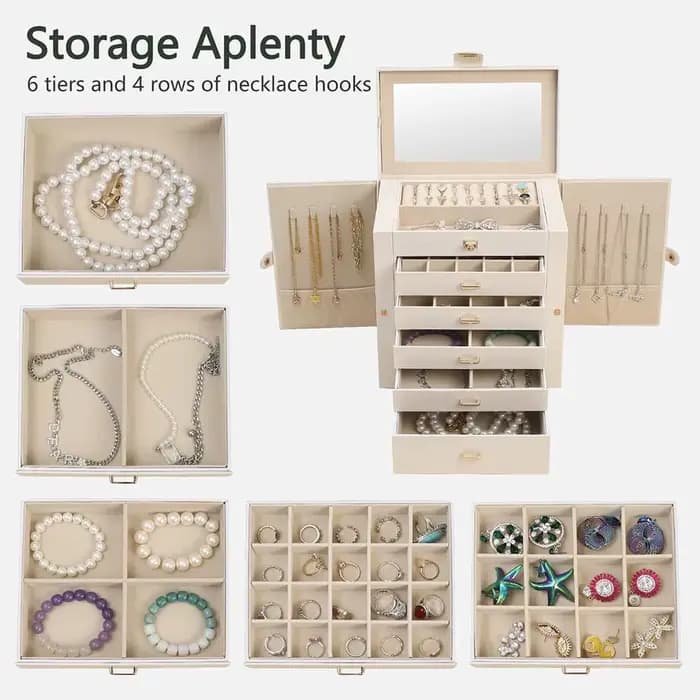 Grande boîte à bijoux pour femmes, organiseur de bijoux en cuir avec miroir et serrure, boîte de ran