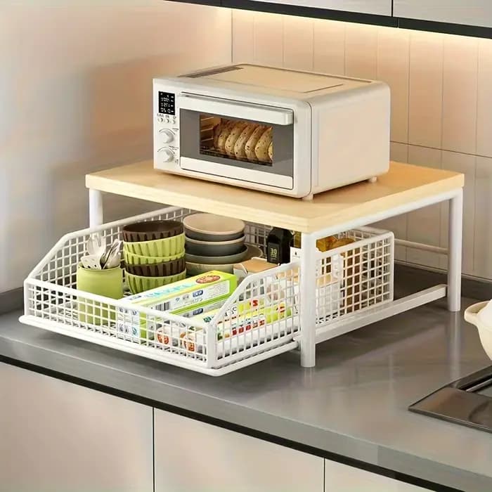 Maximisez l'espace ! Étagère robuste en bois dur avec tiroir et panier en fil métallique. Parfait po