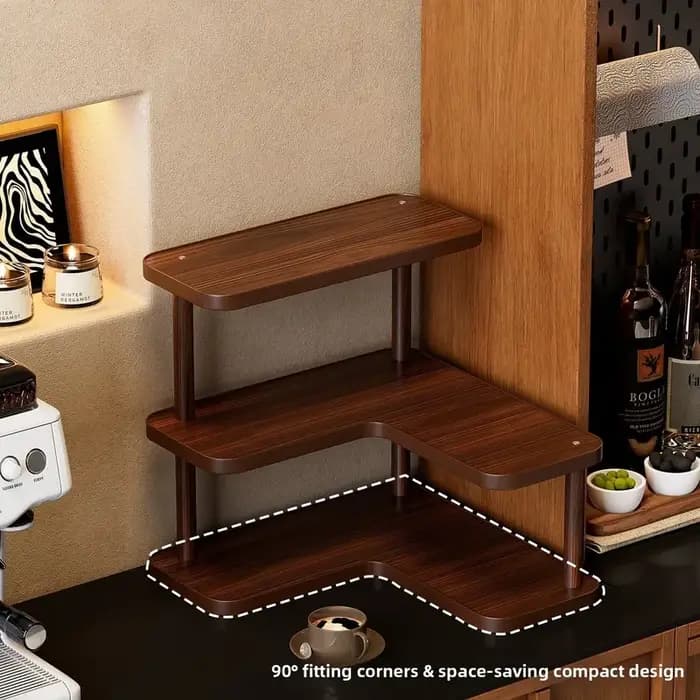 Étagère d'angle en L à 3 niveaux en bois, support de rangement de bureau en noyer, organisateur d'épices de cuisine pour station à café, comptoir et présentoir à tasses