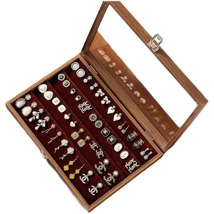 Boîte de rangement à bijoux grande capacité motif noyer avec couvercle en verre transparent pour boucles d'oreilles