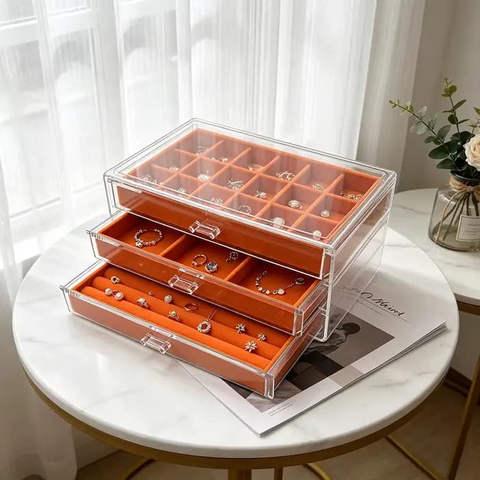 Boîte à bijoux orange à trois couches 18+6+ compartiments en éponge