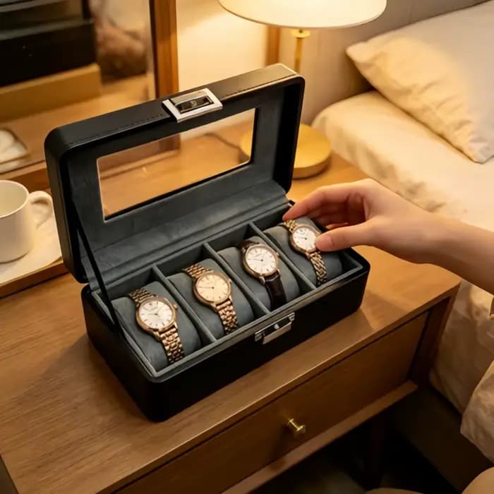 Organisateur de rangement pour montres de collection, boîte à montres en cuir verrouillable à 4 emplacements + 2 boîtes à bijoux pour la maison et les voyages
