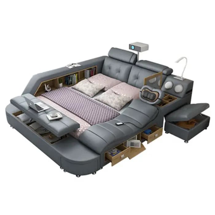 Lit intelligent de luxe rembourré avec étagères, ports USB, commode pliable, tiroirs et rangement in