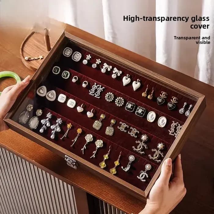 Boîte de rangement à bijoux grande capacité motif noyer avec couvercle en verre transparent pour boucles d'oreilles