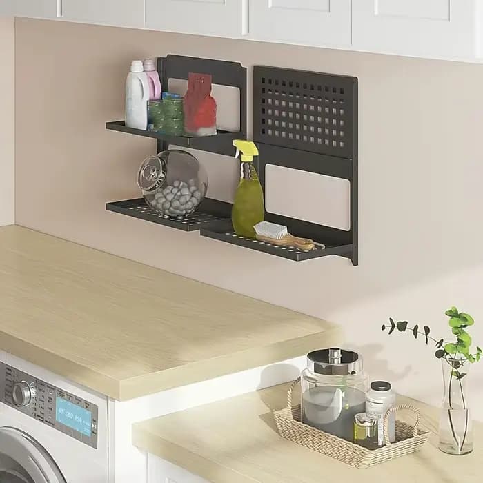 Étagère de rangement murale pliable en fer noir à 2 niveaux