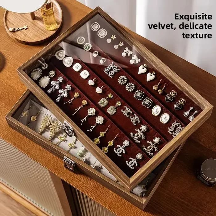 Boîte de rangement à bijoux grande capacité motif noyer avec couvercle en verre transparent pour boucles d'oreilles