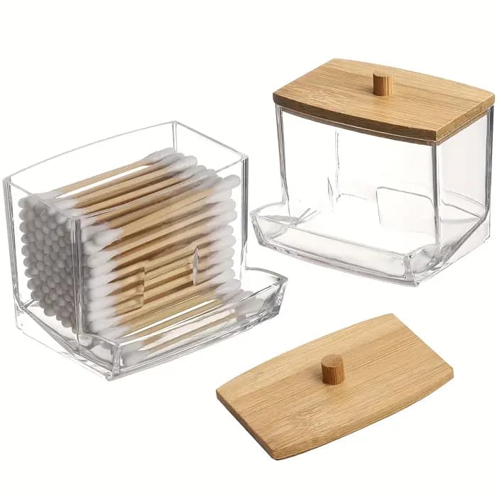 Boîte à coton-tige-couvercle en bambou Transparent