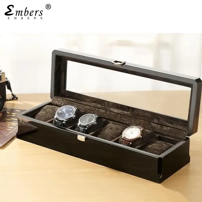 Boîtes à montres noires à 6 emplacements en bois pour hommes
