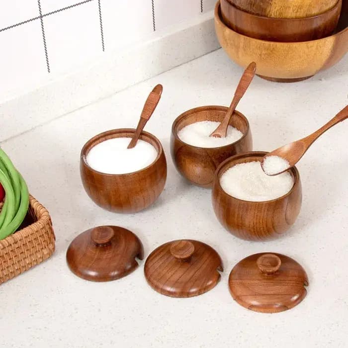 Boîte de rangement en bois avec couvercle et cuillère