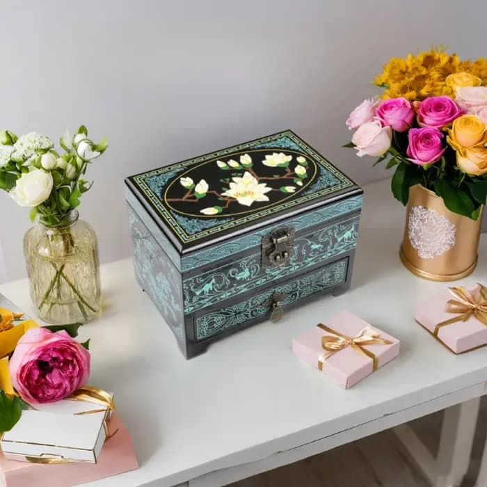 Boîte à bijoux vintage en bois avec miroir – Design rustique pour bracelets et montres