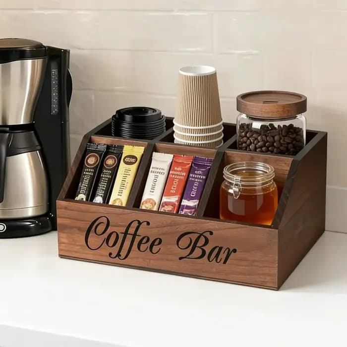 Organisateur de bar à café en bois avec 5 compartiments