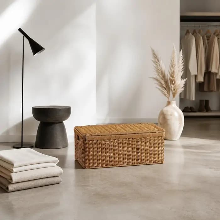 Boîte de rangement en rotin à parois rigides avec couvercle