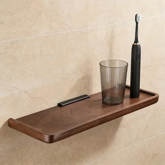 Étagère d'angle murale en bois de noyer noir pour salle de bain - Organisateur de rangement