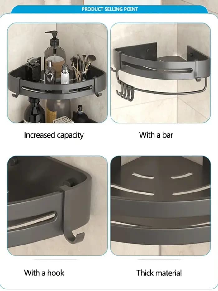 Étagère de salle de bain sans perçage avec crochets