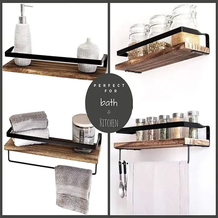 Accessoires de salle de bain et de cuisine : Étagère murale flottante en bois massif à fixer par perçage, pour rangement d'accessoires et matériel de rangement.