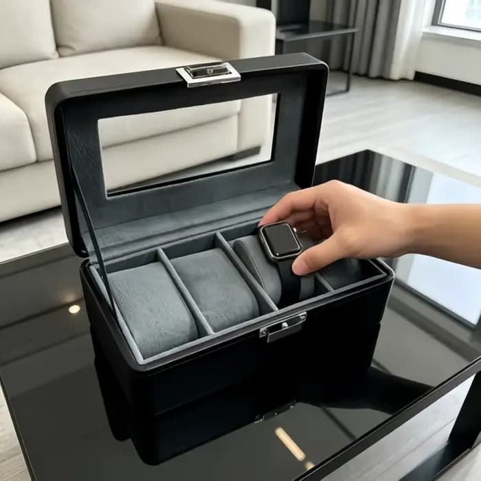 Organisateur de rangement pour montres de collection, boîte à montres en cuir verrouillable à 4 emplacements + 2 boîtes à bijoux pour la maison et les voyages