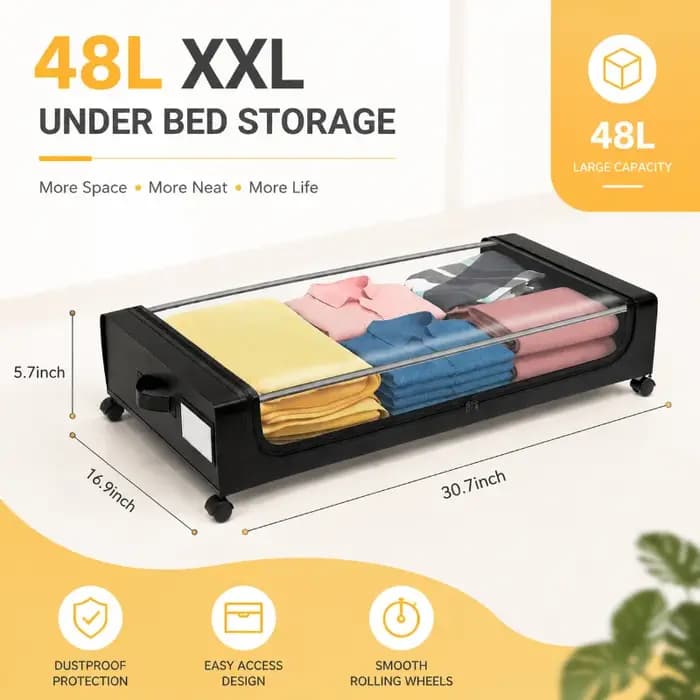 Conteneur de rangement sous le lit avec roulettes, bac de grande capacité de 48 L équipé d'un couver