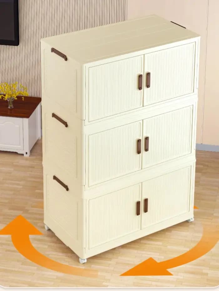 Armoire de rangement polyvalente, organisateur de maison, bac en plastique pliable avec roue, boîte de rangement empilable à Double porte pour chambre à coucher et bureau