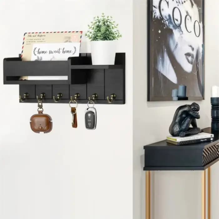 Décor d'entrée à la maison : étagère murale rustique en bois avec 6 crochets pour courrier et clés