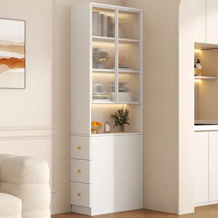 Tiroirs armoires de salon blanches noir luxe avec portes vitrine