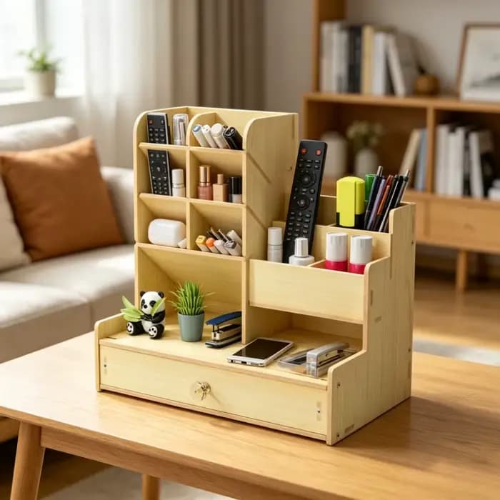 Organisateur de bureau en bois tendance avec tiroir, support à crayons multi-compartiments, style nordique, fournitures scolaires et étagère de bureau