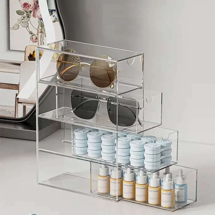 Boîte de rangement pour lunettes en acrylique - Design transparent à quatre niveaux - pour bureau, chambre à coucher, salle de bain - Support organisateur pour lunettes de soleil