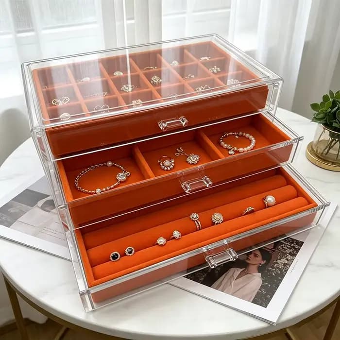Boîte à bijoux orange à trois couches 18+6+ compartiments en éponge