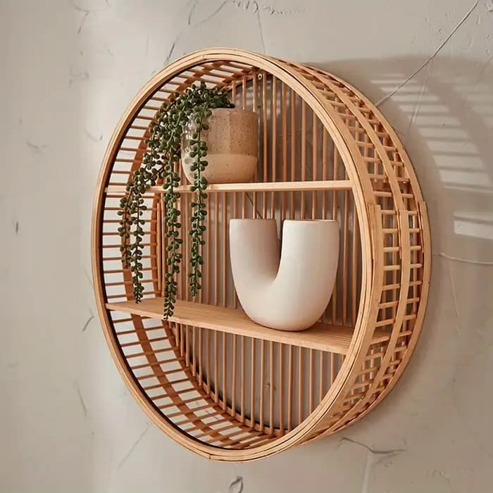Étagère murale vintage en bambou – Organisateur de rangement mural circulaire avec plusieurs compartiments et crochets