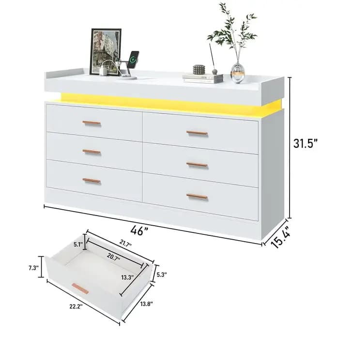 Commode à 6 tiroirs avec station de charge et lumières LED, commode moderne avec prise de courant, a