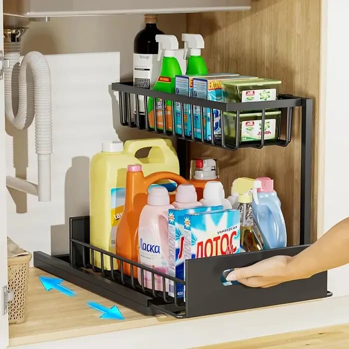 Organisateur coulissant à 2 niveaux sous l'évier - Rangement en métal antirouille pour les armoires de cuisine et de