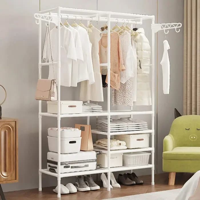 Porte-manteau vertical en métal double rangée pour rangement de vêtements et étagère de sol multifonctionnelle pour chambre à coucher