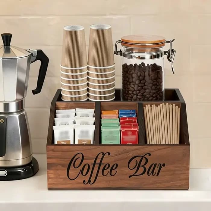 Organisateur de bar à café en bois avec 5 compartiments