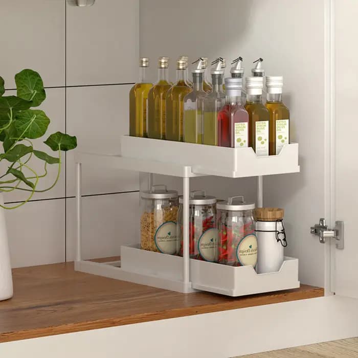 Étagère de rangement coulissante à 2 niveaux pour cuisine - Organisateur de tiroir multifonctionnel antidérapant