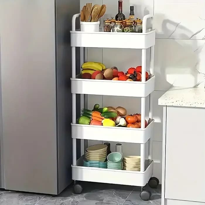 Chariot de rangement multifonctionnel blanc à roulettes : Étagères ouvertes pour espaces de vie, présentoir à livres, idéal pour la cuisine, la chambre à coucher, rangement et décoration