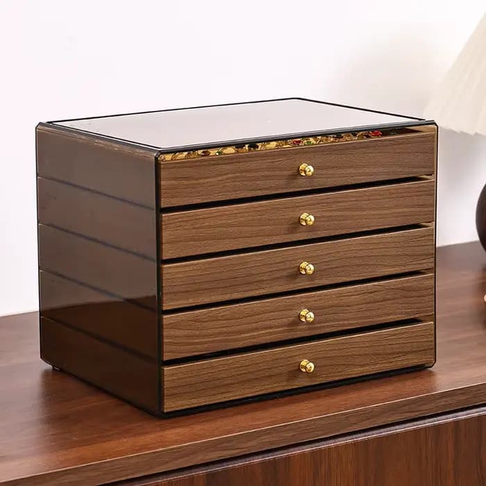 Boîte de rangement de bijoux en grain de noyer avec cinq tiroirs pour collier