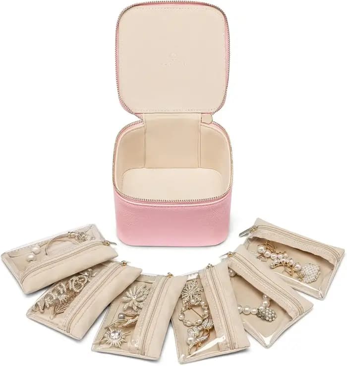 Boîte à bijoux de voyage en cuir véritable pour femme